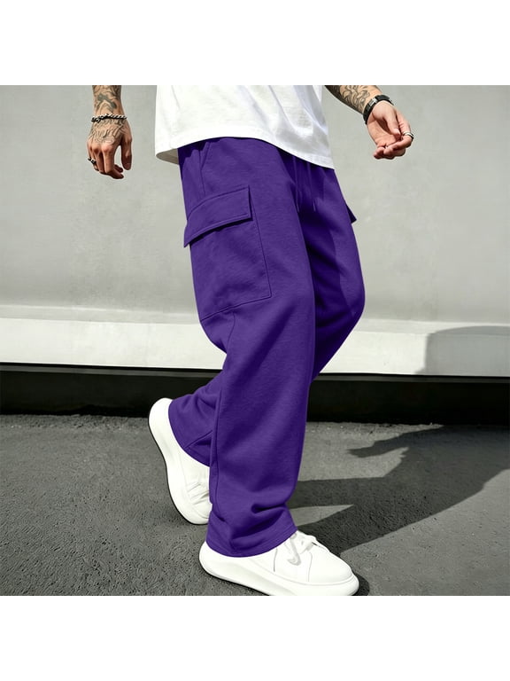 Men Silky Soft Cargo Pants, Male Casual Bottoms, Wide Leg Multi Pocket Drawstring Elastic Waist Trousers, Indoor Commute Daily Wear Purple L