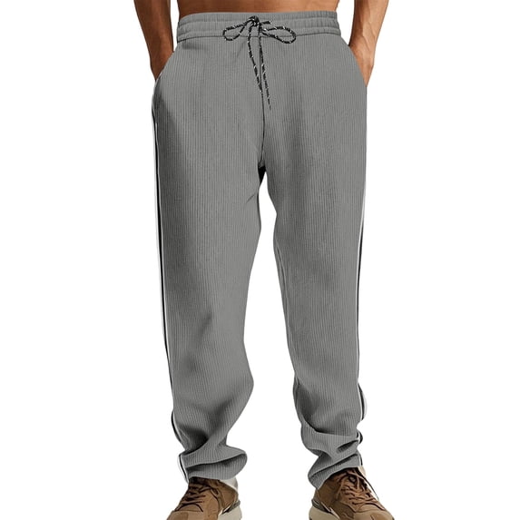 GrmtClth Men Stretch Soft Corduroy Side Striped Straight Pants Adjustable Drawstring Waist American Vacation Walking Casual Trousers Gray L