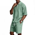 thumbnail image 1 of GrmtClth Men's 2 Piece Set Waffle Knit Short Sleeve Polo Shirt Summer Shorts Set Casual Vacation Outfits Sweatsuits with Pocket Light Green 2XL, 1 of 8