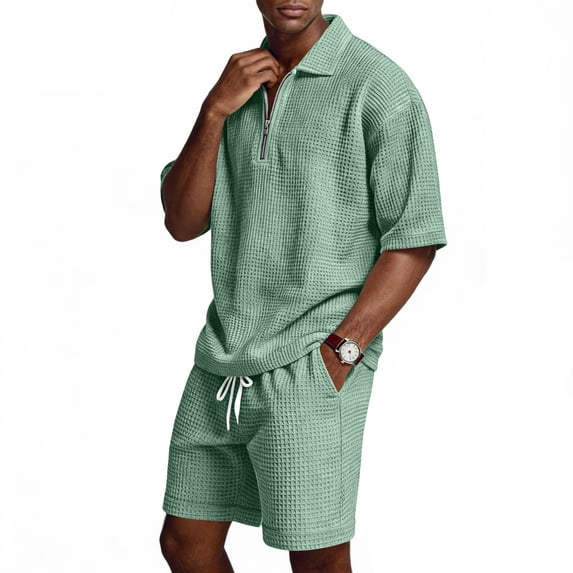 GrmtClth Men's 2 Piece Set Waffle Knit Short Sleeve Polo Shirt Summer Shorts Set Casual Vacation Outfits Sweatsuits with Pocket Light Green 2XL