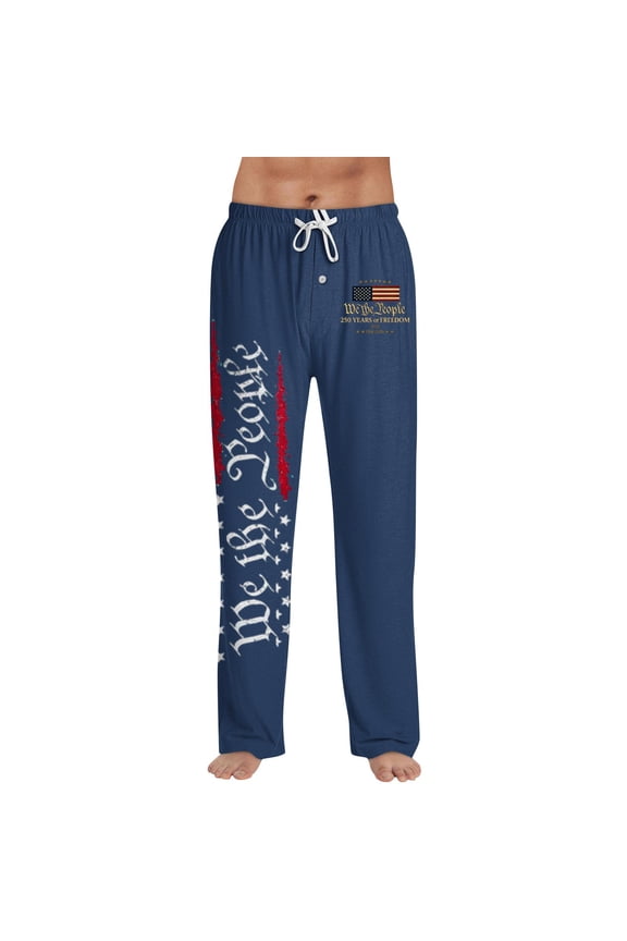Men's 4th Of July Pants Patriotic 1776-2026 Trousers Relaxed Fit We the People Pajama Pants Comfy Elastic Drawstring Sleepwear Blue L