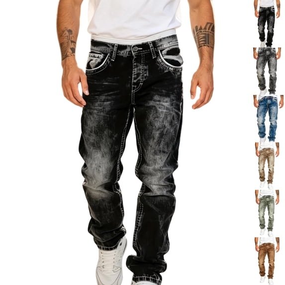 GrmtClth Men's Acid Wash Straight Leg Stacked Jeans, Snowflake Tie Dye Stretch Denim, Y2K Hip Hop Streetwear Baggy Pants with Pockets XL