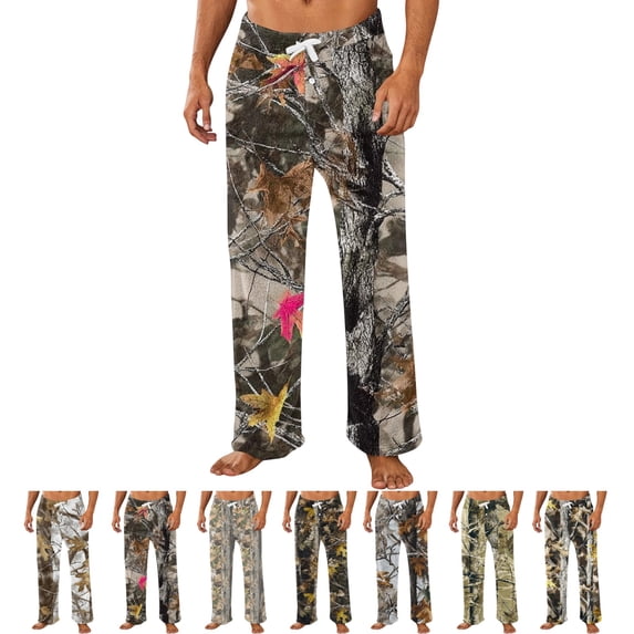 GrmtClth Men's Adjustable Drawstring Sleep Pants Woodland Tree Camo Pattern Loose Straight Leg Breathable Home Lounge Trousers Gray S