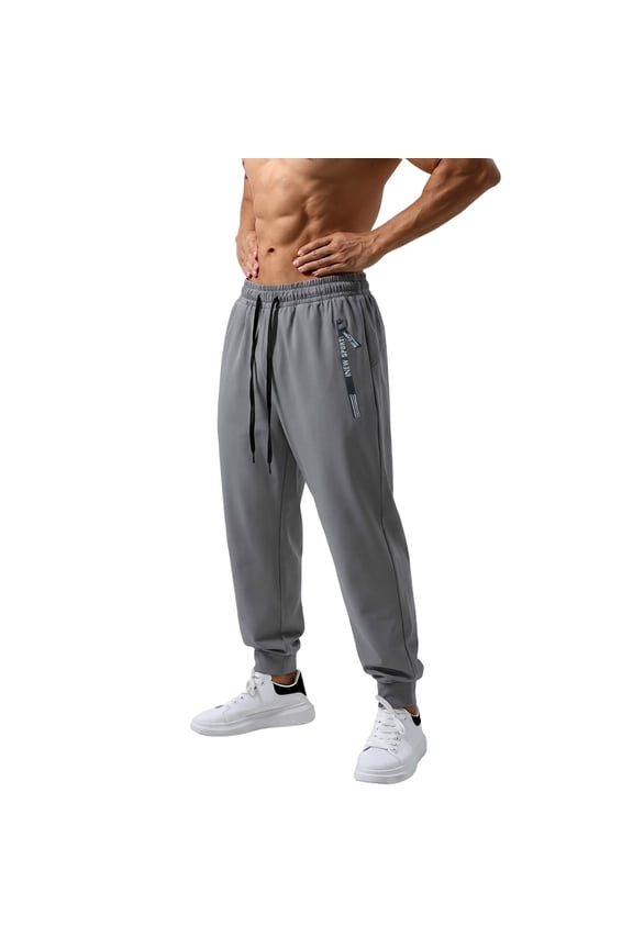 Men's Airy Thin Ice Silk Breathable Workout Jogger Trousers Elastic Waist Drawstring Zip Side Pocket Everyday Minimal Fitness Walking Pants Gray L