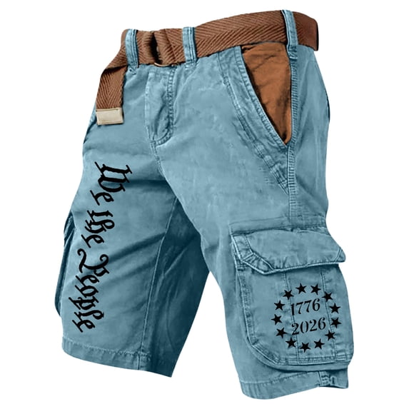 GrmtClth Men's American Flag Print Cargo Shorts Independence Day 1776-2026 Summer Shorts Lightweight Multi-Pocket Short Pants Fashion Work Trousers Light Blue 2XL