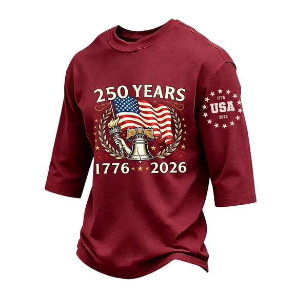GrmtClth Men's American Flag Shirt Patriotic Fourth Of July Tops Classic 3/4 Sleeve T-Shirt Fashion Soft Round Neck Clothes Wine S