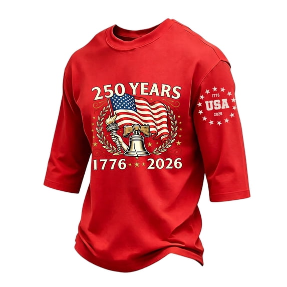 GrmtClth Men's American Flag Shirt Patriotic Usa 250 Years Birthday Top Summer 3/4 Sleeve T-Shirt Lightweight Soft Round Neck Wear Red S