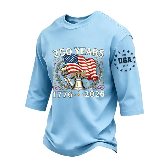 GrmtClth Men's American Flag Shirt Patriotic Usa 250th Anniversary Top Classic 3/4 Sleeve Tee Quick Dry Soft Round Neck Clothes Light Blue XL