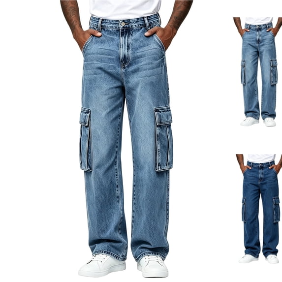 GrmtClth Men's Baggy Jeans Elastic Waist Jean Pants with Drawstring Relaxed Fit for Casual Daily Wear Cargo Pants with Pockets M