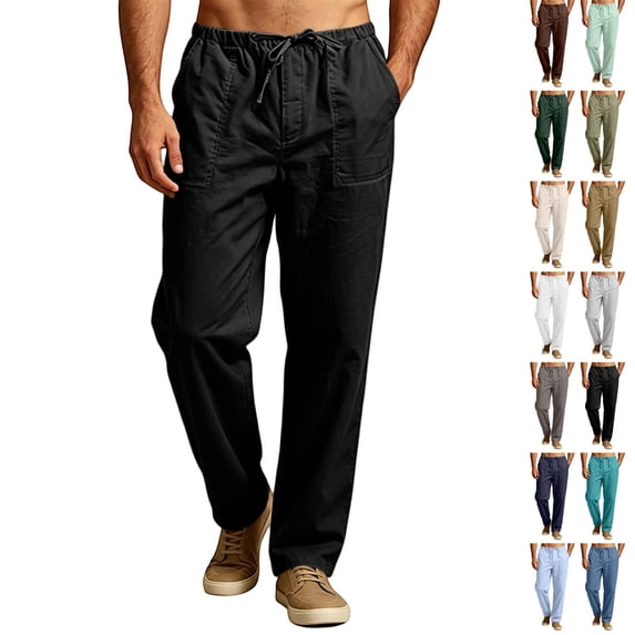 GrmtClth Men's Breathable Linen Trousers Loose Baggy Silhouette Elastic Drawstring Waist Multi Pocket Summer Yoga Casual Bottoms Black M