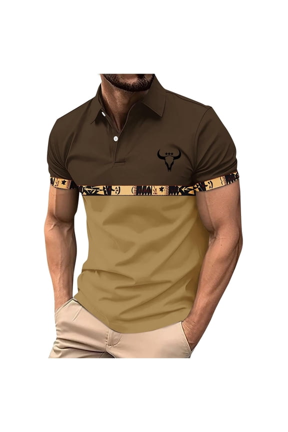 Men's Bull Skull Color Block Polo Shirt Western Print Short Sleeve Casual Button Placket Top Coffee 3XL