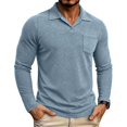 thumbnail image 1 of GrmtClth Men's Buttonless V Notch Lapel Collar Washed Polo, Distressed Pigment Dyed Chest Pocket Long Sleeve Relaxed Daily Tops Navy 2XL, 1 of 5