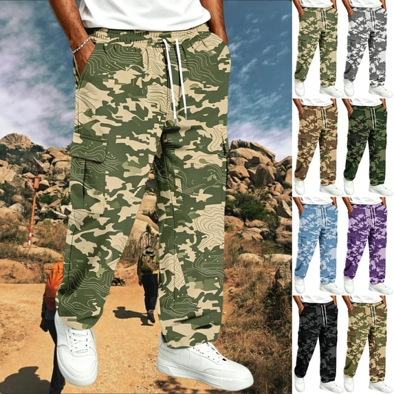 GrmtClth Men's Camo Cargo Straight Leg Pants Adjustable Drawstring Elastic Waist Multi Utility Pocket Outdoor Walking Trousers Army Green 3XL