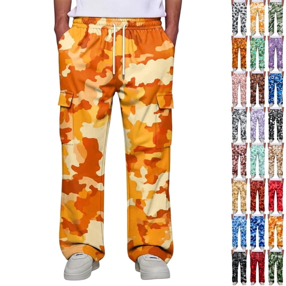 GrmtClth Men's Camo Drawstring Waist Cargo Pants Camouflage Cargo Work Pants with Elastic Waist Drawstring Multi Pockets Saffron 2XL