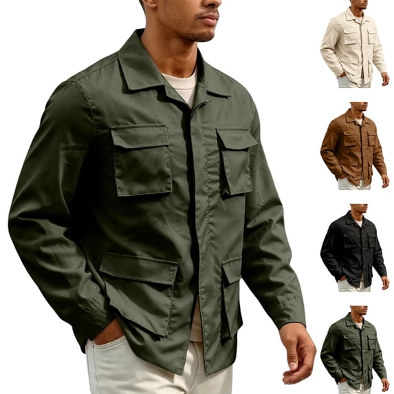 GrmtClth Men's Cargo Jacket Lapel Collar Button Down Long Sleeve Tops Lightweight Utility Coat Multi Pockets Casual Outdoor Workwear Outerwear