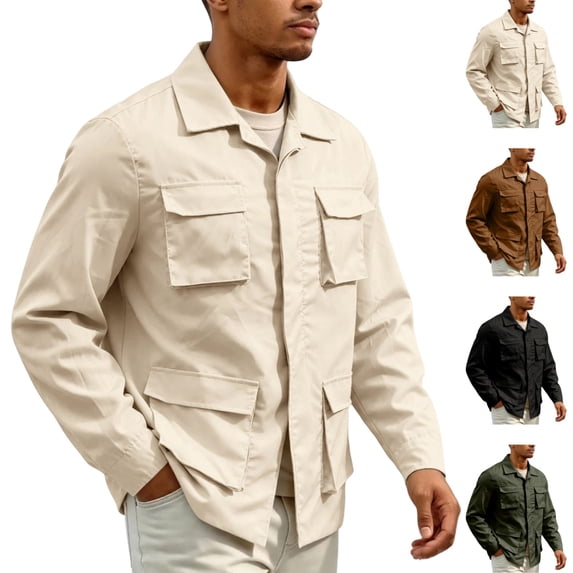 GrmtClth Men's Cargo Jacket Lapel Collar Button Down Long Sleeve Tops Lightweight Utility Coat Multi Pockets Casual Outdoor Workwear Outerwear