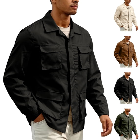 GrmtClth Men's Cargo Jacket Lapel Collar Button Down Long Sleeve Tops Lightweight Utility Coat Multi Pockets Casual Outdoor Workwear Outerwear