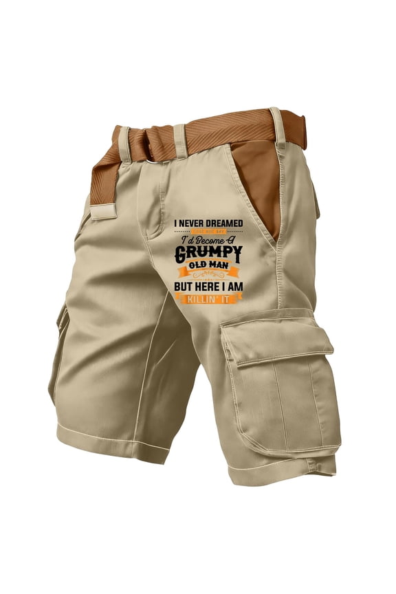 Men's Cargo Shorts Motion Distressed Washed Short Trouser Motion Elastic Waist Fashion Short Pant Multi-Pocket Khaki M