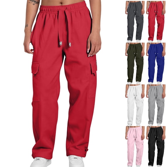 GrmtClth Men's Cargo Sweatpants Pants Wide Leg Sweat Pants Fall Baggy Y2K Parachute Pants with Pockets Red M