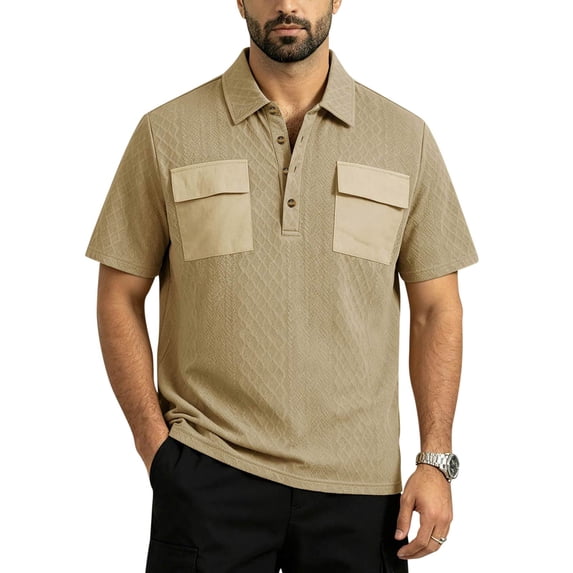 GrmtClth Men's Casual Diamond Pattern Polo Shirt Dual Pocket Short Sleeve Button Placket Top Khaki M