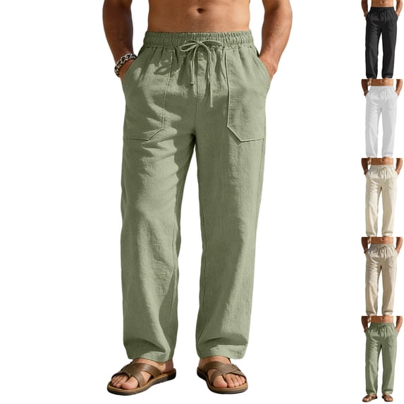 GrmtClth Men's Casual Linen Pants Summer Beach Trousers Loose Fit Straight-Legs Elastic Drawstring Waist Yoga Trousers with Pockets Army Green 2XL