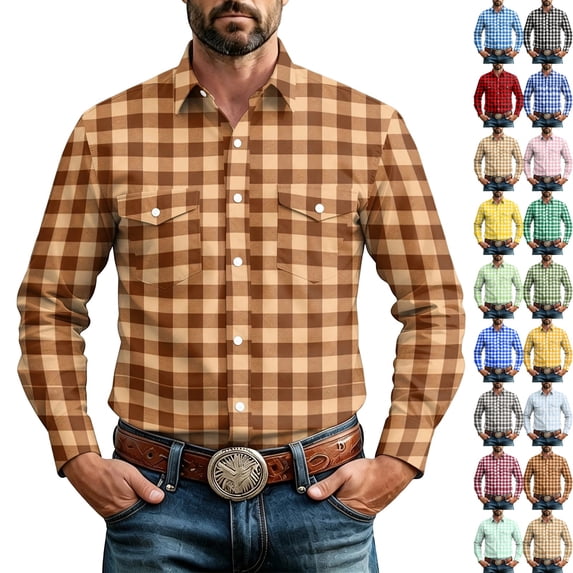 GrmtClth Men's Casual Shirts Long Sleeve Button Down Plaid Shirt Jacket Vintage Lightweight for All Season Cowboy Work Shirts with Pocket L
