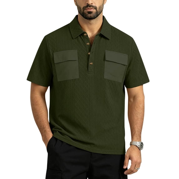 GrmtClth Men's Casual Textured Polo Shirt Dual Chest Pockets Short Sleeve Button Placket Top with Diamond Pattern Army Green 2XL