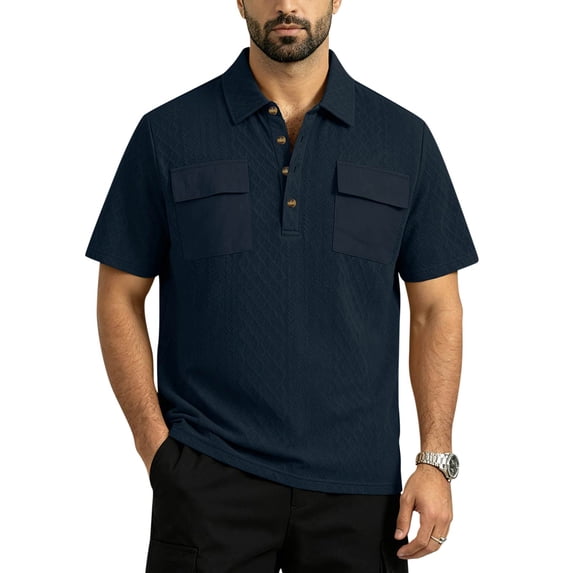GrmtClth Men's Casual Textured Polo Shirt Dual Chest Pockets Short Sleeve Button Placket Top with Diamond Pattern Navy M