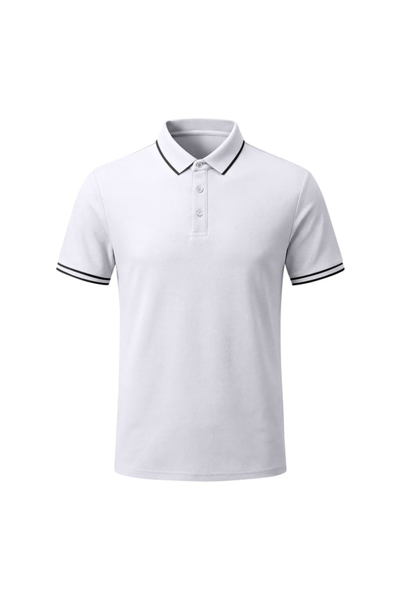 Men's Contrast Trim Polo Shirt Casual Short Sleeve Tipped Collar Tee with Striped Cuffs Button Placket Lightweight Breathable Solid Color Summer Everyday Wear Tops White 2XL