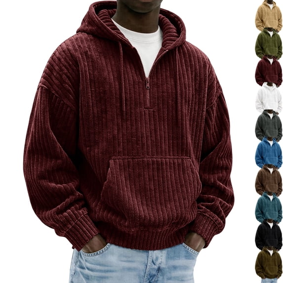 GrmtClth Men's Corduroy Hoodie Pullover Drawstring Hood Front Pocket Lightweight Trendy Winter Outerwear Wine M