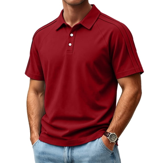 GrmtClth Men's Cotton Polo Shirts Business Striped Shoulder Golf Polos Basic Collared Button Down Tee Trendy Comfortable Short Sleeves Clothes Wine 2XL
