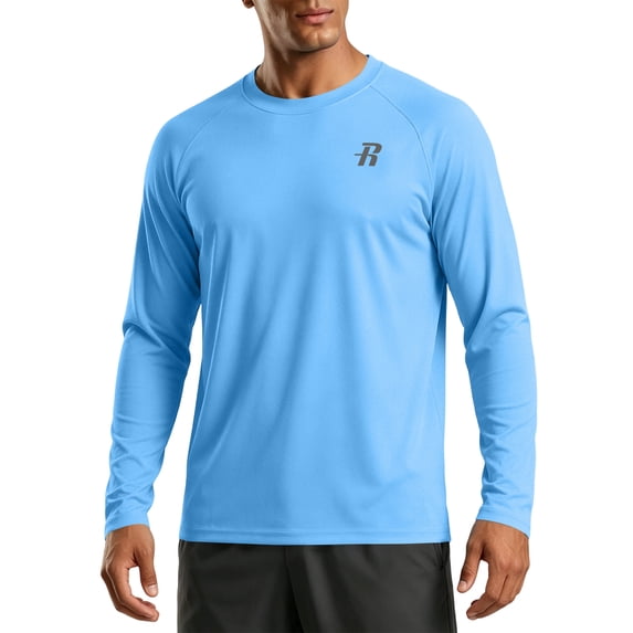 GrmtClth Men's Crew Neck Raglan Long Sleeve Pullover T Shirt, Small Chest Logo Print Quick Dry UV Protection Sport Casual Tops Blue L