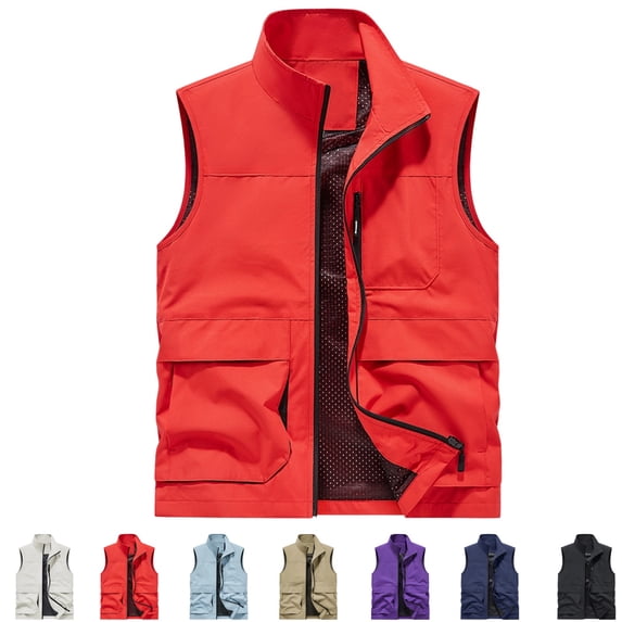 GrmtClth Men's Daily Leisure Multi Pocket Vest Stand Collar Zip Closure Breathable Mesh Lined Outdoor Sleeveless Waistcoat Red L