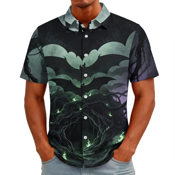 GrmtClth Men’s Daily Vacation Spooky Button Down Shirt Short Sleeve Gothic Forest Haunted House Pumpkin Pattern Soft Full Button Top Wine 2XL