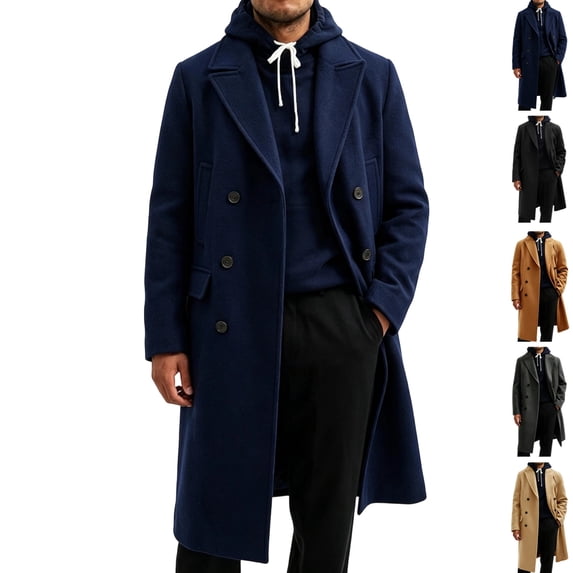 GrmtClth Men's Double Breasted Overcoat Notched Lapel Long Sleeve Mid‑Long Warm Winter Casual Business Trench Coat with Pockets