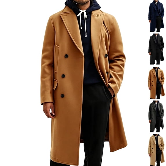 GrmtClth Men's Double Breasted Overcoat Notched Lapel Long Sleeve Mid‑Long Warm Winter Casual Business Trench Coat with Pockets