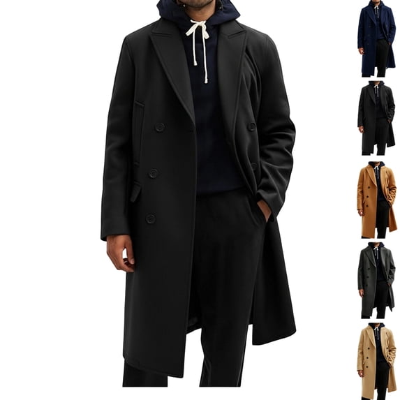 GrmtClth Men's Double Breasted Overcoat Notched Lapel Long Sleeve Mid‑Long Warm Winter Casual Business Trench Coat with Pockets