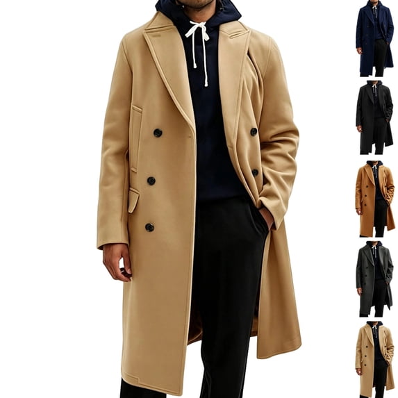 GrmtClth Men's Double Breasted Overcoat Notched Lapel Long Sleeve Mid‑Long Warm Winter Casual Business Trench Coat with Pockets