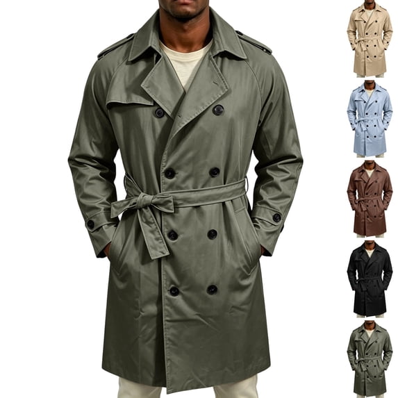 GrmtClth Men's Double Breasted Trench Coat Notched Lapel Mid‑Long Belted Windbreaker Long Sleeve Classic Business Casual Overcoat with Pockets