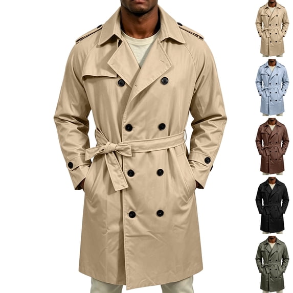 GrmtClth Men's Double Breasted Trench Coat Notched Lapel Mid‑Long Belted Windbreaker Long Sleeve Classic Business Casual Overcoat with Pockets