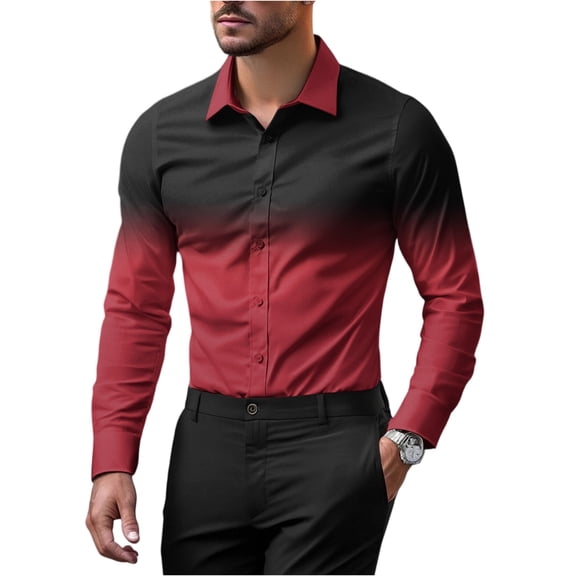 GrmtClth Men's Dress Shirts Long Sleeve Regular Fit Button Up Shirt Classic Soft Gradient color Casual Shirts Red M