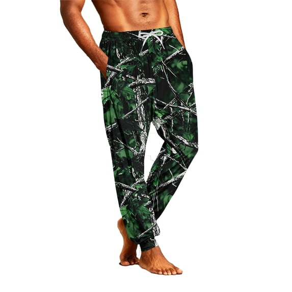 GrmtClth Men's Elastic Ankle Hem Forest Tree Print Jogger Lounge Pants Adjustable Drawstring Waist Lightweight Sleep Trousers Green XL