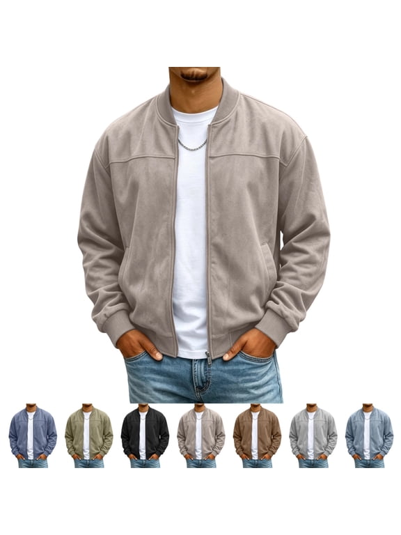 Men's Faux Suede Bomber Jacket Fall Spring Casual Full Zip Baseball Collar Ribbed Trim Loose‑Fit Jackets