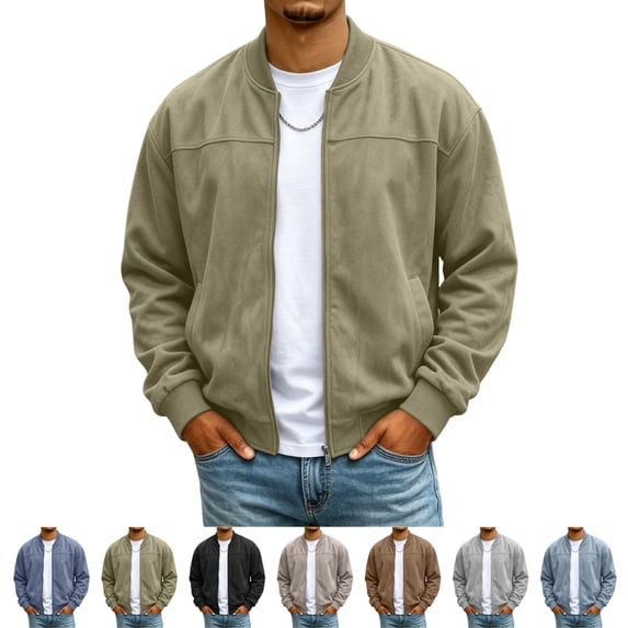 GrmtClth Men's Faux Suede Bomber Jacket Full Zip Baseball Collar Ribbed Cuffs Hem Side Pockets Casual Loose‑Fit Jackets