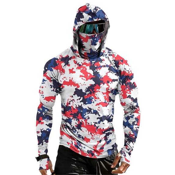 GrmtClth Men's Fishing Shirts 2026 Independence Day American Flag Pattern Workout Long Sleeve Trendy Hoodie with Face Mask Upf 50+ Sun Protection Top Blue M