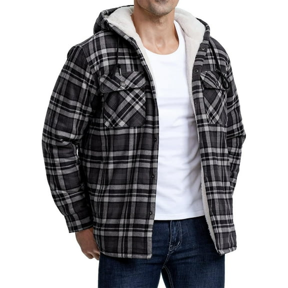 GrmtClth Men's Fleece Jackets Plaid Fleece Sherpa Lined Hooded Jacket Coats Full Zip Thick Thermal Outerwear Loose Fit Outdoor Long Sleeve Jacket Gray M