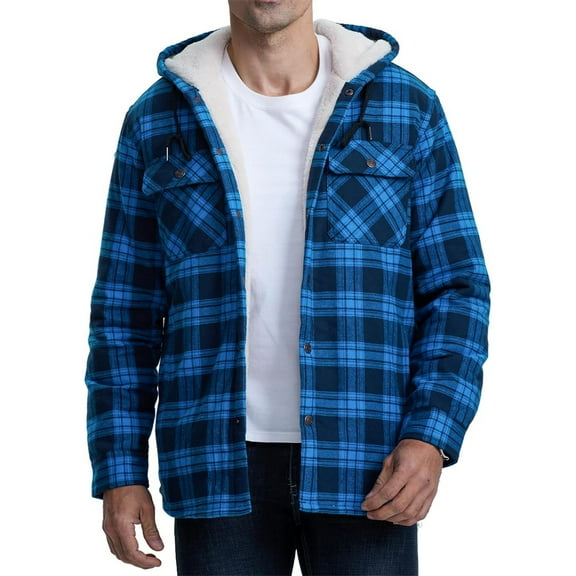 GrmtClth Men's Fleece Jackets Plaid Sherpa Lined Hooded Jacket Coats Full Zip Quilted Thermal Outerwear Big & Tall Outdoor Long Sleeve Jacket Royal Blue XXXL