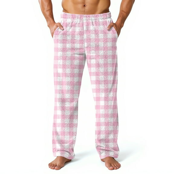 GrmtClth Men's Fleece Pajama Pants Stylish Flannel Comfort Soft Plush Plaid Sleep Pant Fluffy Fall Winter Warm Pj Pants with Pockets Light pink XL