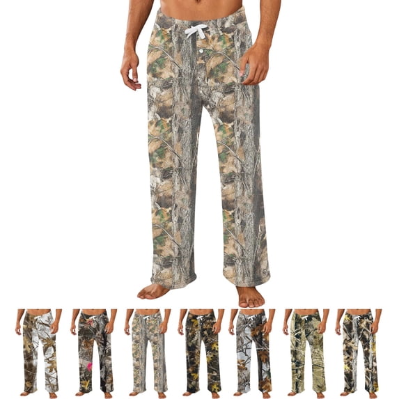 GrmtClth Men's Forest Camo Leaf Pattern Pajama Pants Adjustable Drawstring Waist Loose Straight Leg Comfort Home Loungewear Earthy Yellow L