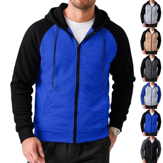 GrmtClth Men's Full-Zip Hoodies Sweatshirts Color Block Long Sleeve Casual Top with Kanga Pocket Royal Blue M